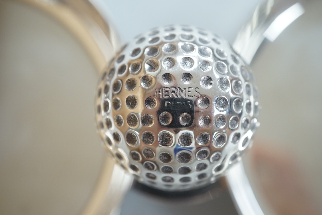 A French Hermes silver plated two division desk accessory with golf ball handle, 25.5cm.